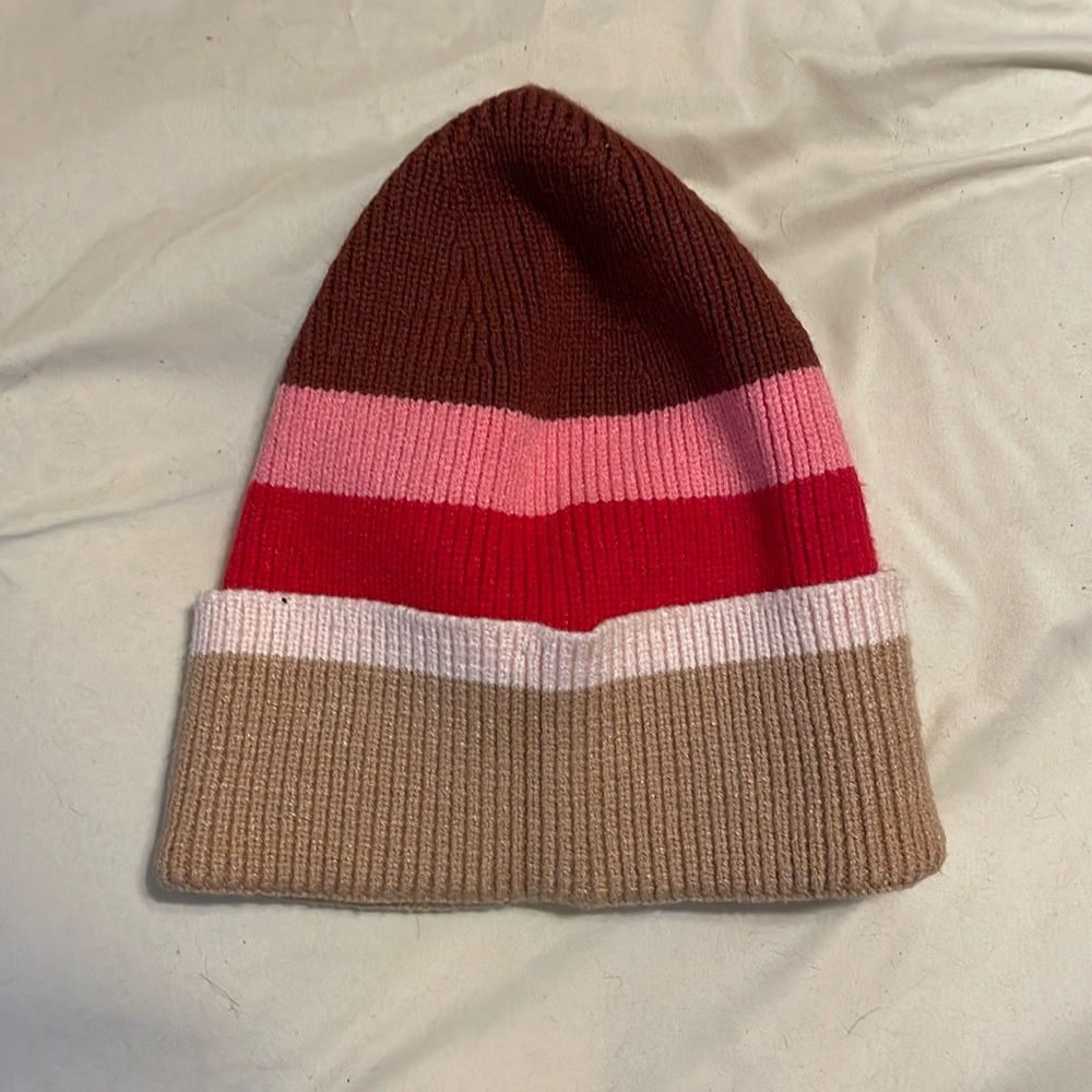 Maroon Pink Red & Tan Striped Beanie